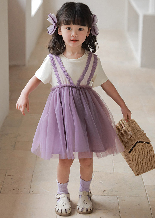 Purple O-Neck Tulle Girls Vacation Mid Dresses Short Sleeve