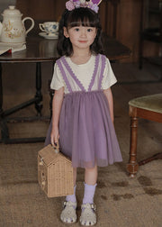 Purple O-Neck Tulle Girls Vacation Mid Dresses Short Sleeve