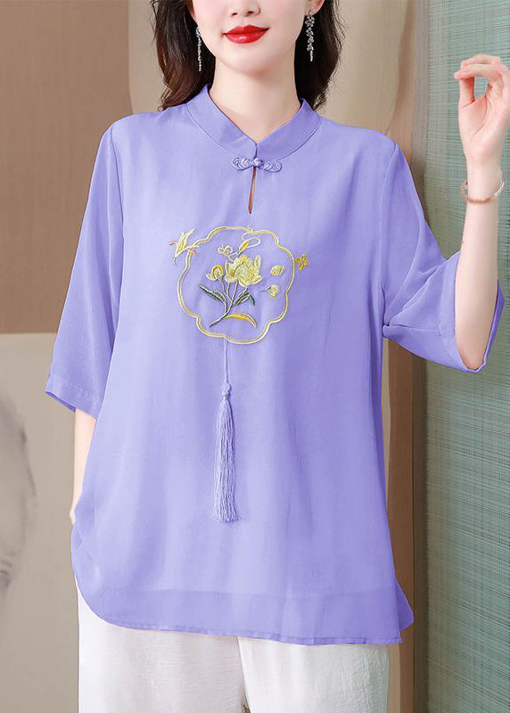 Purple Oriental Silk Shirts Embroidered Tasseled Half Sleeve