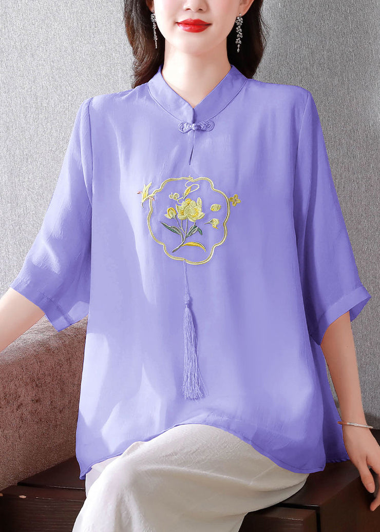 Purple Oriental Silk Shirts Embroidered Tasseled Half Sleeve