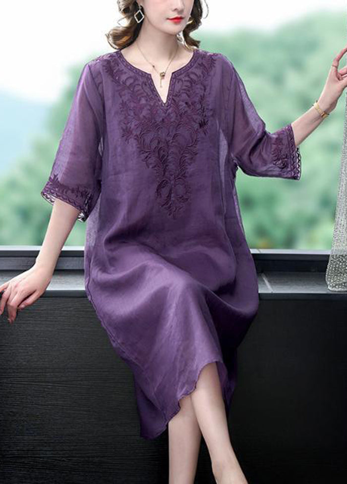 Purple Oversized Linen Silk Dress V Neck Embroideried Summer