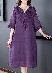 Purple Oversized Linen Silk Dress V Neck Embroideried Summer