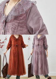 Purple Oversized Organza Maxi Dress Embroidered Spring