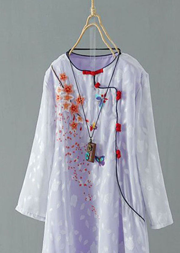 Purple Patchwork Chiffon Dresses Embroideried Chinese Button Spring