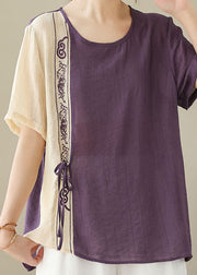 Purple Patchwork Cotton Blouses Embroideried Lace Up Summer