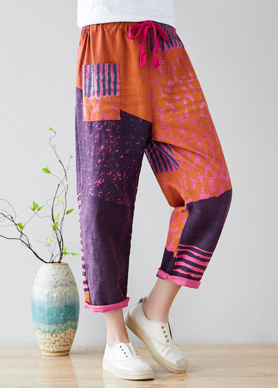 Purple Patchwork Cotton Harem Pants Oversized Pocket Spring