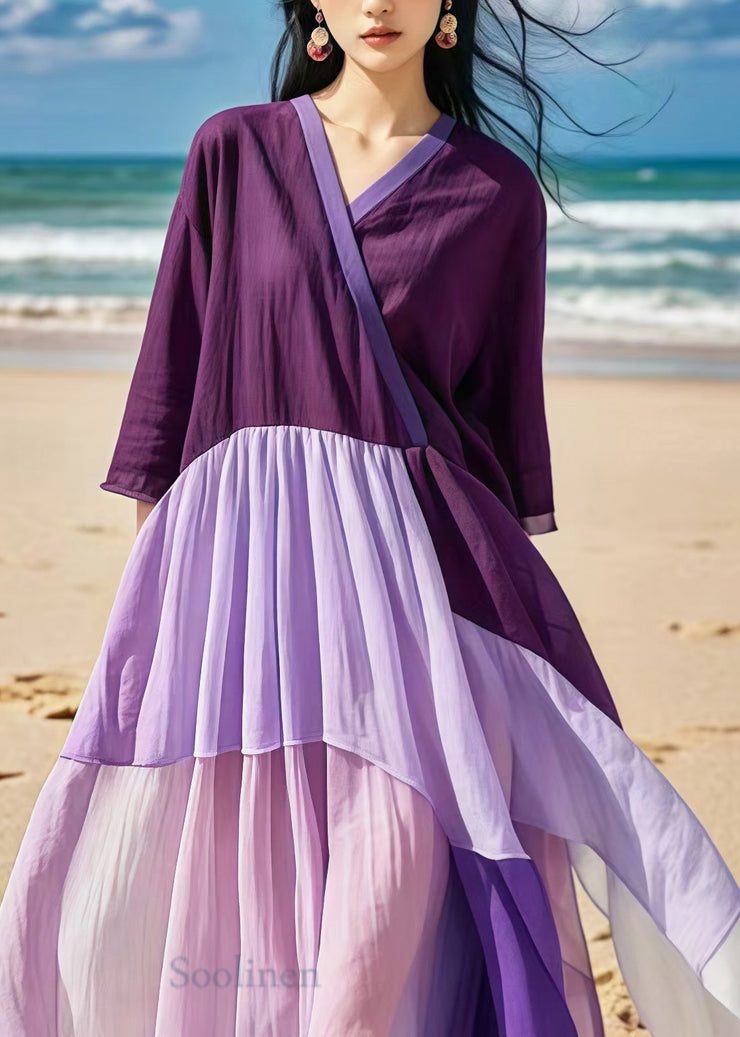 Purple Patchwork Cotton Long Dress Oversized Summer