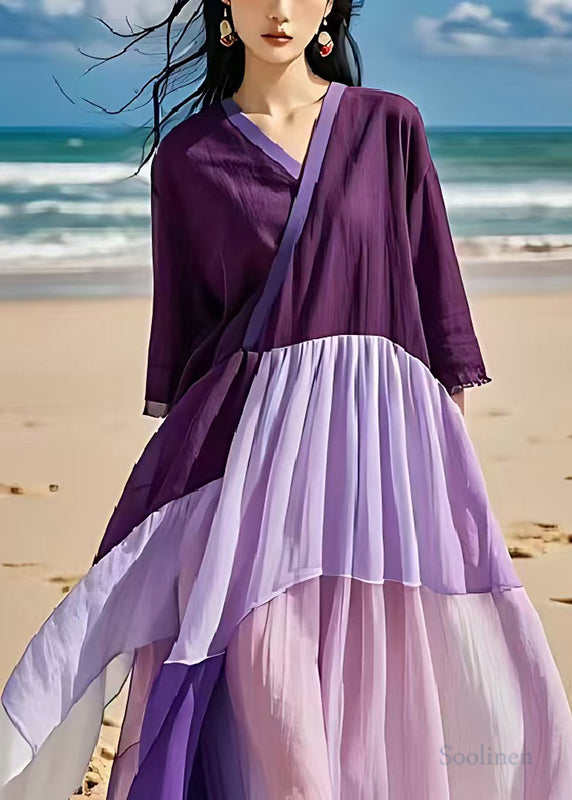 Purple Patchwork Cotton Long Dress Oversized Summer