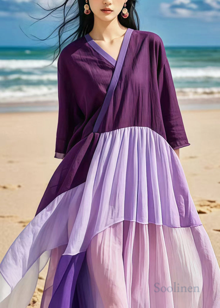 Purple Patchwork Cotton Long Dress Oversized Summer