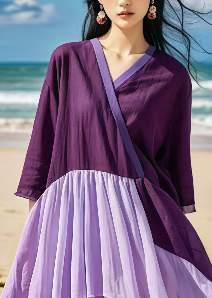 Purple Patchwork Cotton Long Dress Oversized Summer