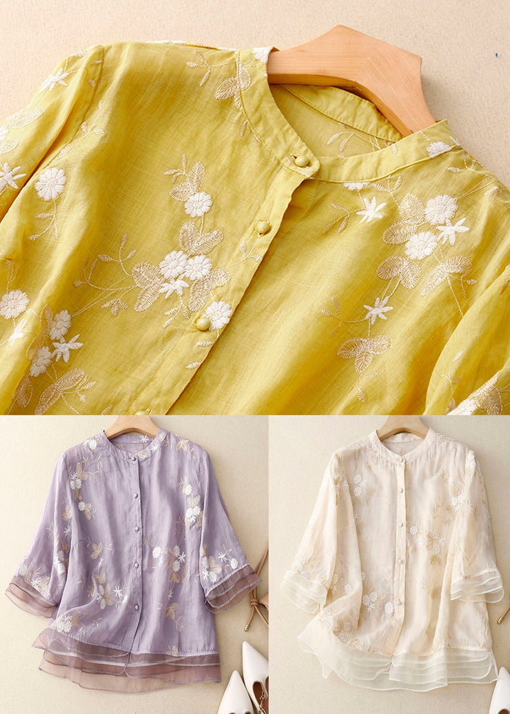 Purple Patchwork Cotton Shirt Tops Stand Collar Embroidered Summer