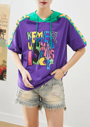 Purple Patchwork Cotton Sweatshirts Top Hooded Print Summer