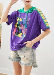 Purple Patchwork Cotton Sweatshirts Top Hooded Print Summer