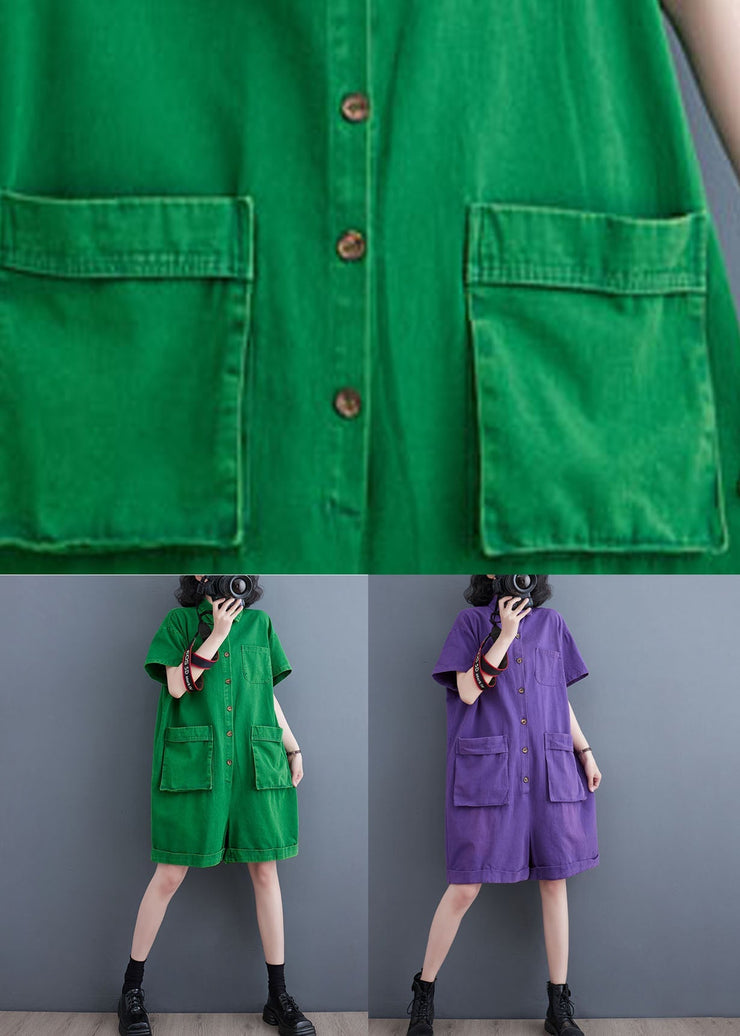 Purple Patchwork Denim Shorts Jumpsuits Peter Pan Collar Summer