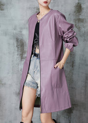 Purple Patchwork Faux Leather Trench O-Neck Spring