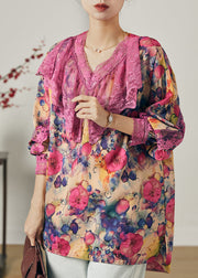 Purple Patchwork Lace Chiffon Shirt Tops V Neck Spring