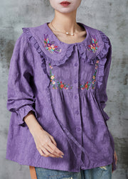 Purple Patchwork Lace Cotton Shirt Top Embroidered Spring