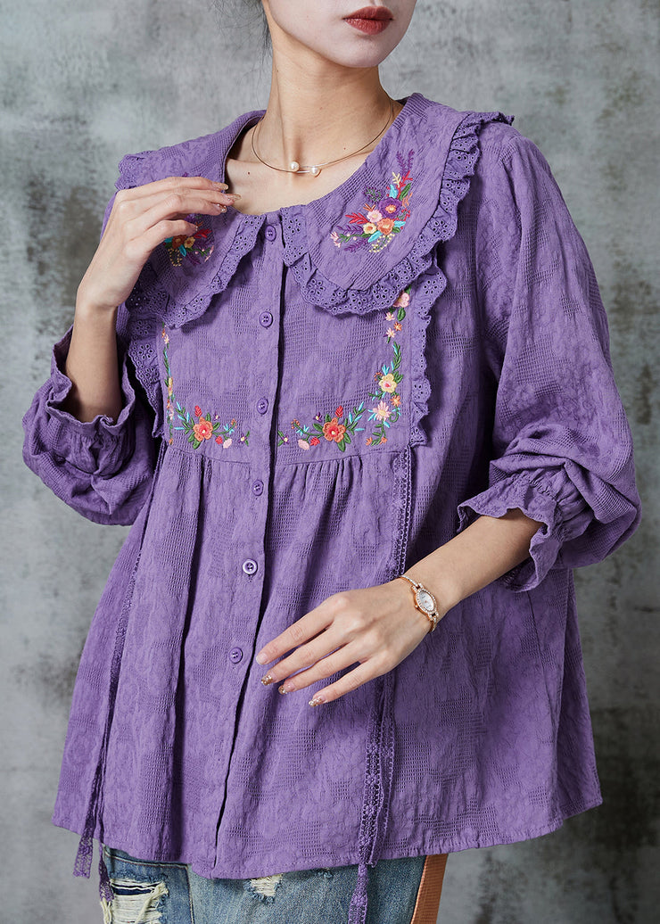 Purple Patchwork Lace Cotton Shirt Top Embroidered Spring