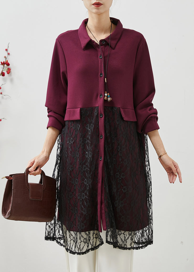 Purple Patchwork Lace Robe Dresses Oversized Fall