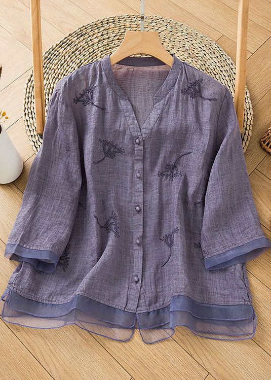 Purple Patchwork Linen Blouse Shirt Top V Neck Embroidered Half Sleeve