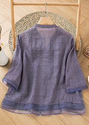 Purple Patchwork Linen Blouse Shirt Top V Neck Embroidered Half Sleeve