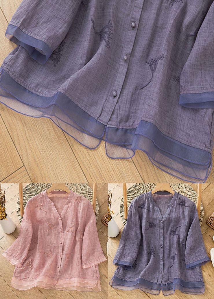 Purple Patchwork Linen Blouse Shirt Top V Neck Embroidered Half Sleeve