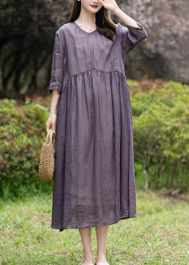 Purple Patchwork Linen Dress V Neck Embroidered Wrinkled Summer