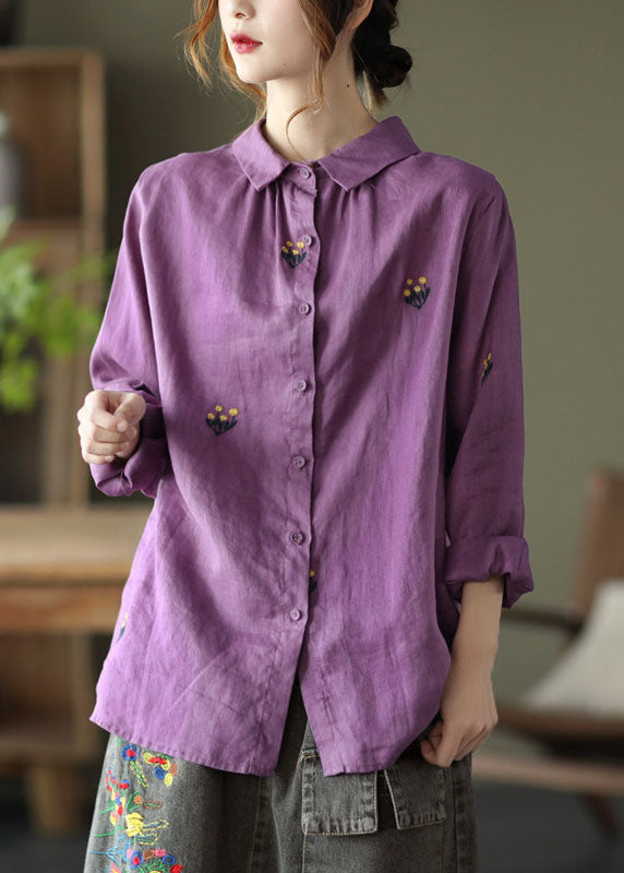 Purple Patchwork Linen Shirts Peter Pan Collar Embroideried Spring