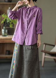 Purple Patchwork Linen Shirts Peter Pan Collar Embroideried Spring