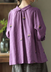 Purple Patchwork Linen Shirts Peter Pan Collar Embroidered Spring