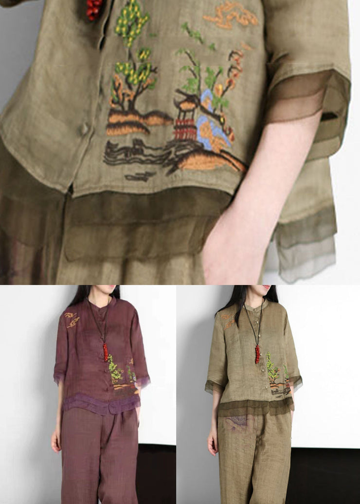 Purple Patchwork Linen Tops Embroideried Button Stand Collar Summer