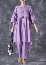 Purple Patchwork Linen Two Pieces Set Embroideried Lantern Sleeve