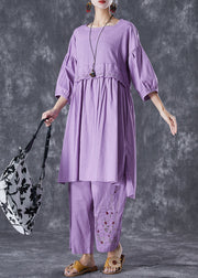 Purple Patchwork Linen Two Pieces Set Embroidered Lantern Sleeve