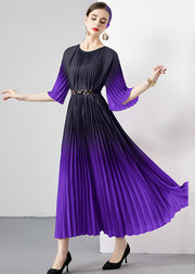 Purple Patchwork Loose Chiffon Long Dress Wrinkled O Neck Summer