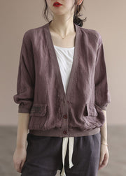 Purple Patchwork Pockets Linen Loose Coats V Neck Spring