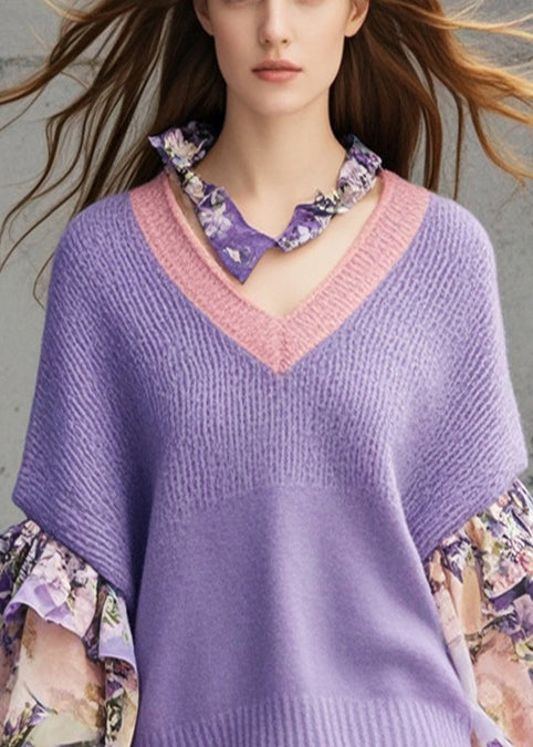 Purple Patchwork Print Knit Tops Ruffled Lantern Sleeve