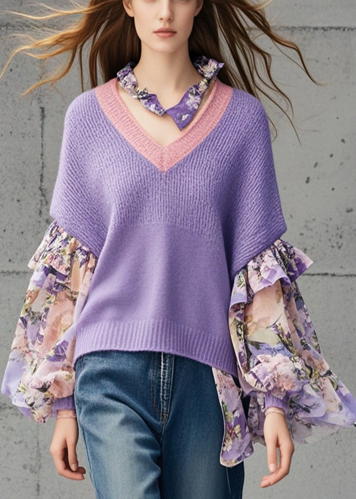 Purple Patchwork Print Knit Tops Ruffled Lantern Sleeve