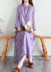 Purple Patchwork Silk Dresses Embroideried Stand Collar Summer