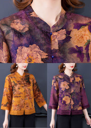 Purple Patchwork Silk Shirt Top Stand Collar Print Bracelet Sleeve