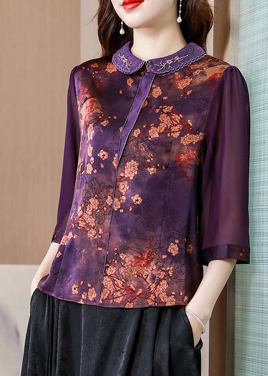 Purple Patchwork Silk Tops Oversized Print Bracelet Sleeve