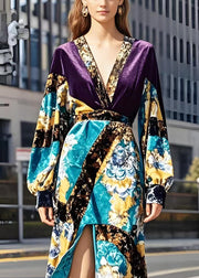 Purple Patchwork Silk Velvet Vacation Dresses V Neck Side Open Spring