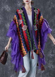 Purple Patchwork Tulle Knit Shawl Tasseled Ruffles Spring