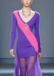 Purple Patchwork Tulle Knit Wraped Dress V Neck Fall