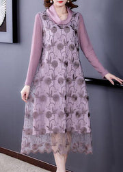 Purple Patchwork Tulle Maxi Dresses Embroideried Spring