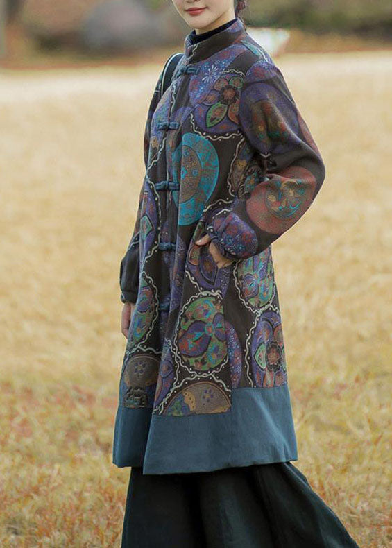 Purple Patchwork Warm Fleece Long Coats Stand Collar Print Winter