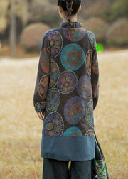 Purple Patchwork Warm Fleece Long Coats Stand Collar Print Winter