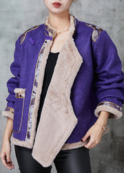 Purple Patchwork Warm Fleece Oriental Coat Mandarin Collar Spring