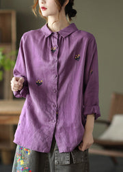 Purple Peter Pan Collar Button Linen Shirt Long Sleeve