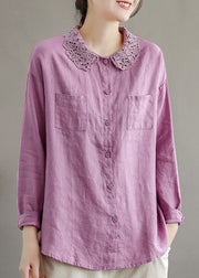 Purple Peter Pan Collar Button Linen Shirts Long Sleeve