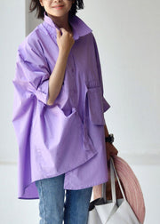 Purple Peter Pan Collar Low High Design Cotton Shirt Long Sleeve